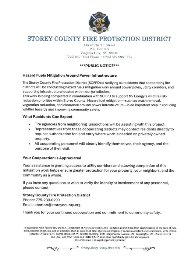 Storey County Fire Protection District Public Notice